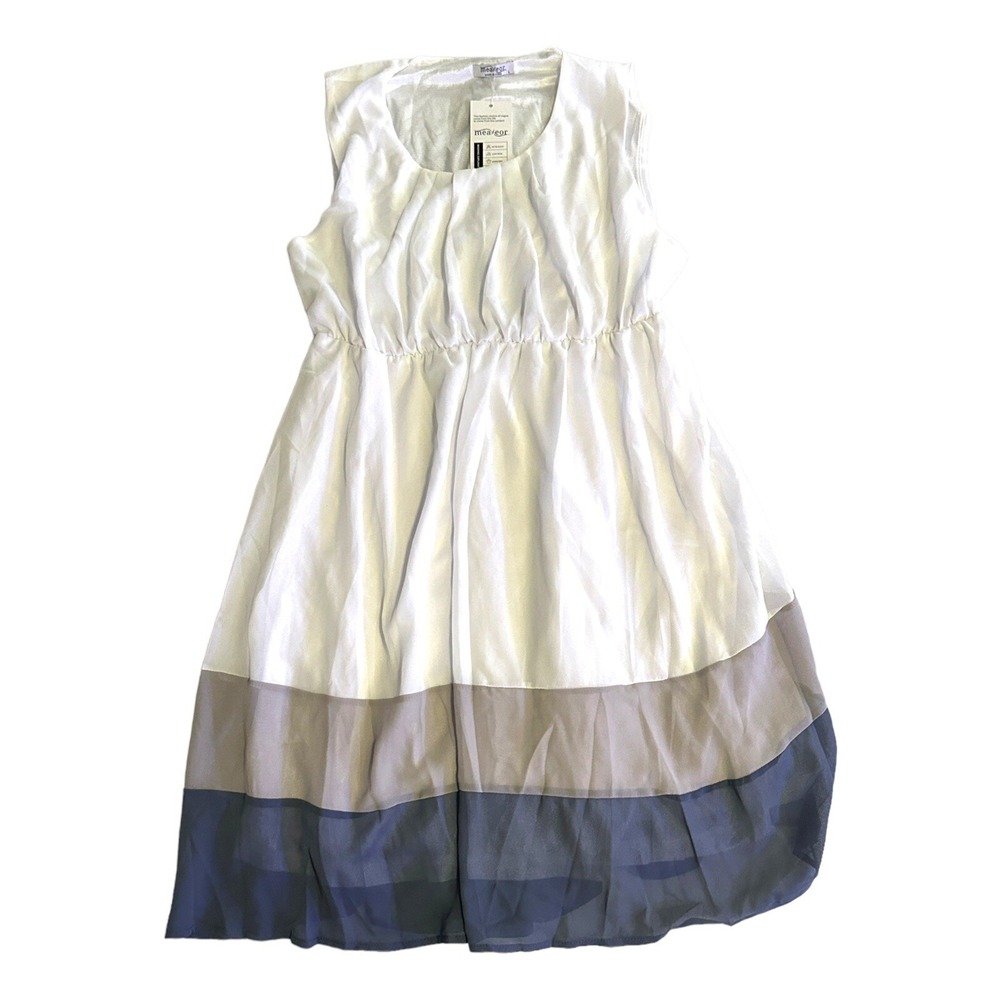 Meaveor Juniors Fit & Flare Dress White Blue Brown Stripe Mesh Hem L NWT